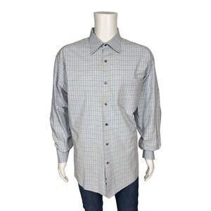 Talbots Mens XL Button Down Shirt Light Blue Grey Grid Plaid 100% Cotton